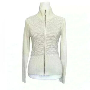 White House Black Market Silver Metallic Zip Up Rib Knit Sweater Jacket. Size XS